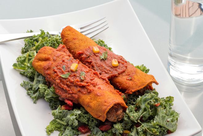 Close-up of vegan enchiladas with red sauce on a bed of fresh kale.