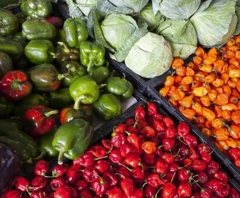 A vibrant display of fresh vegetables including peppers and cabbage at an outdoor market.
